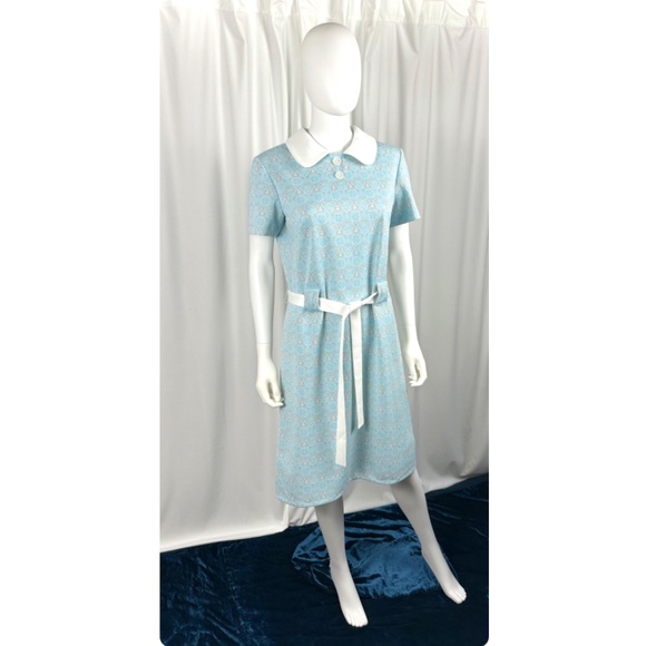 Vintage 1960’s 1970’s Sears Collared Shirt Dress in Soft Baby Blue + Grey - S/M - Picture 5 of 10